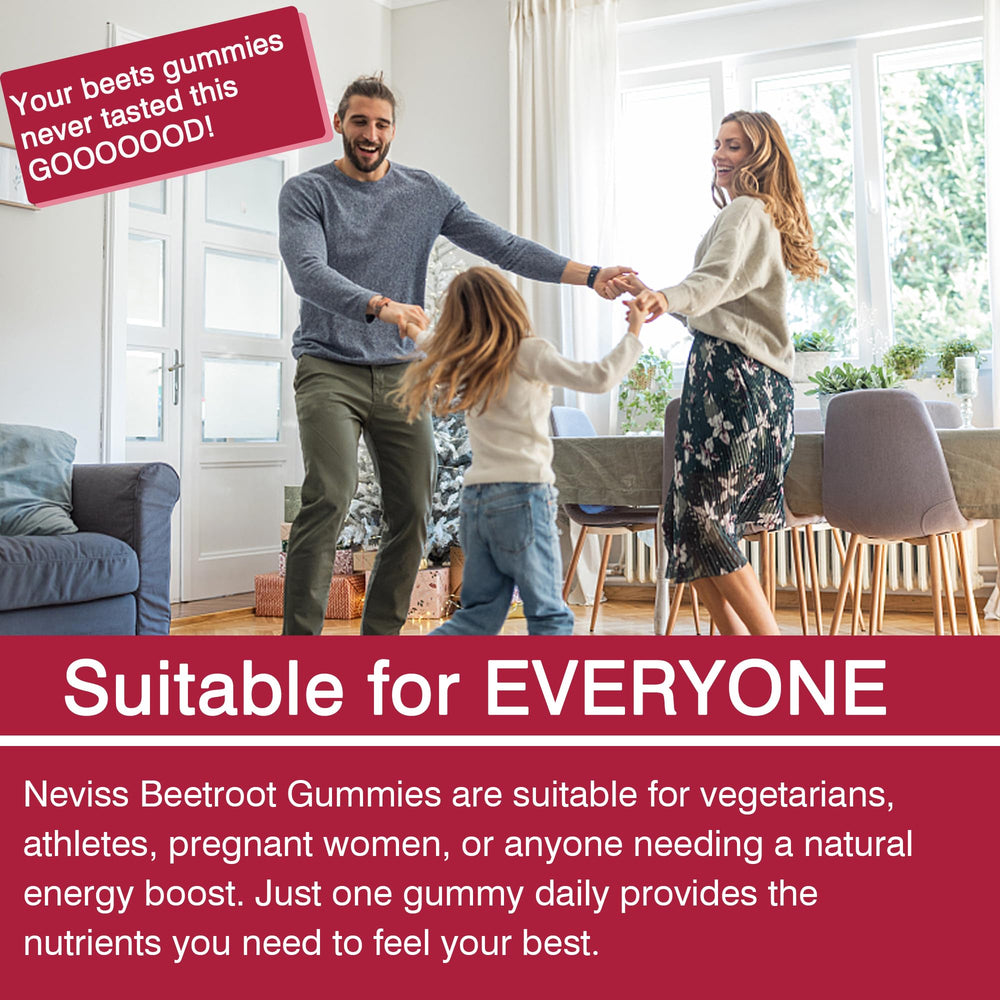 NEVISS Beet Root Gummies pour shot showing portable daily use