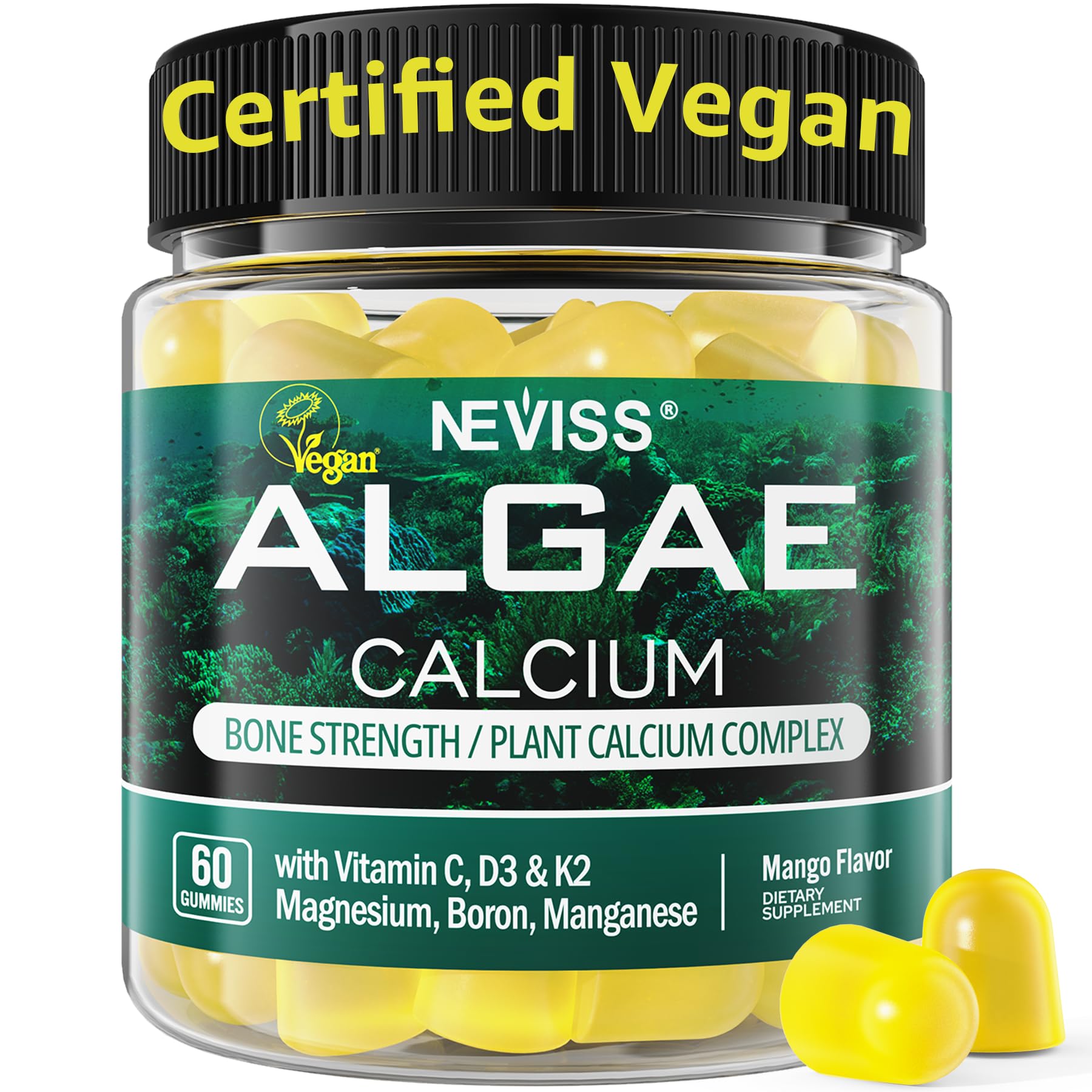 NEVISS Calcium Gummies for Women bottle displaying algae-based calcium and magnesium for bone support