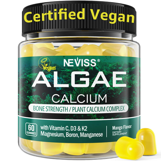 NEVISS Calcium Gummies for Women bottle displaying algae-based calcium and magnesium for bone support