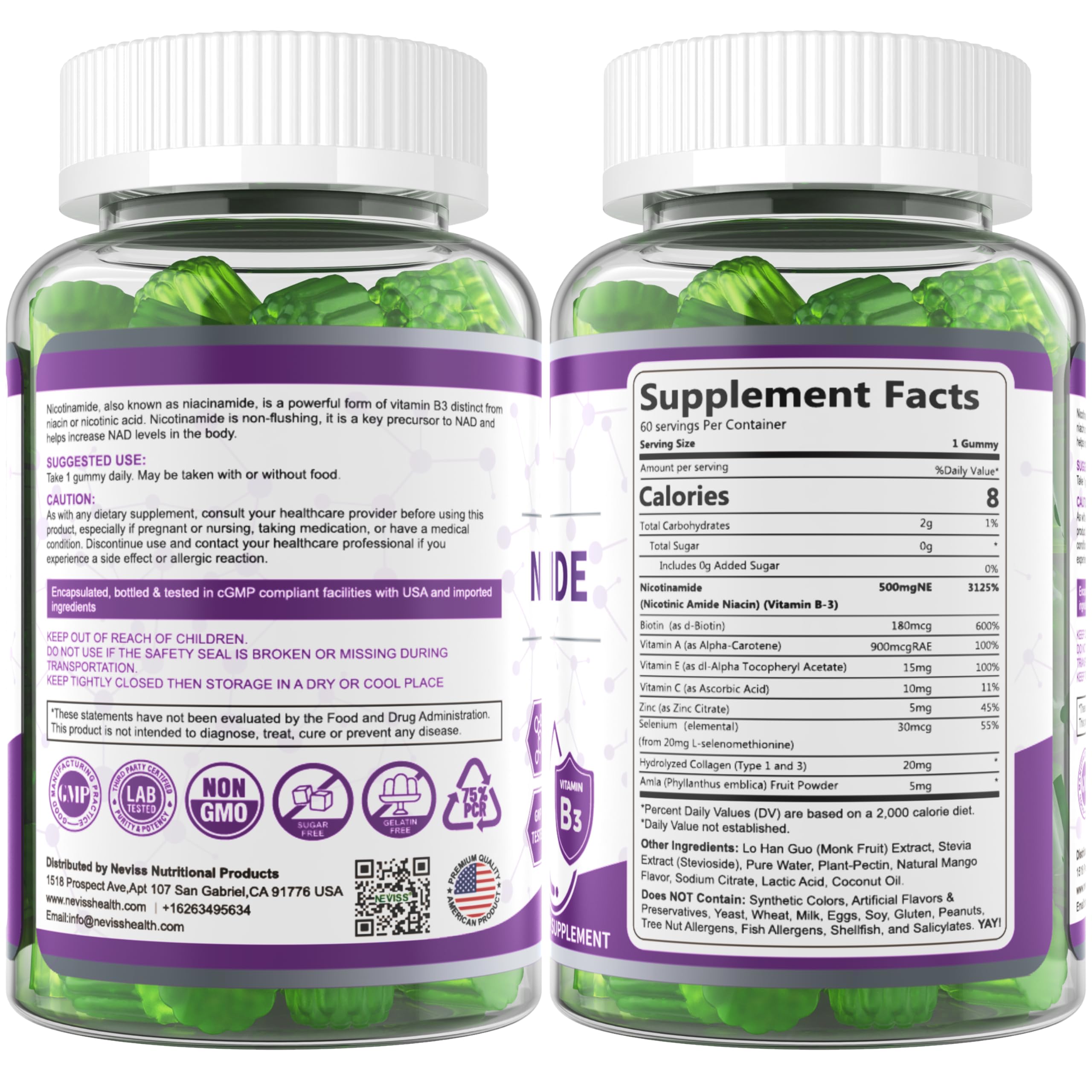 CGMP-certified NEVISS manufacturing facility label on packaging