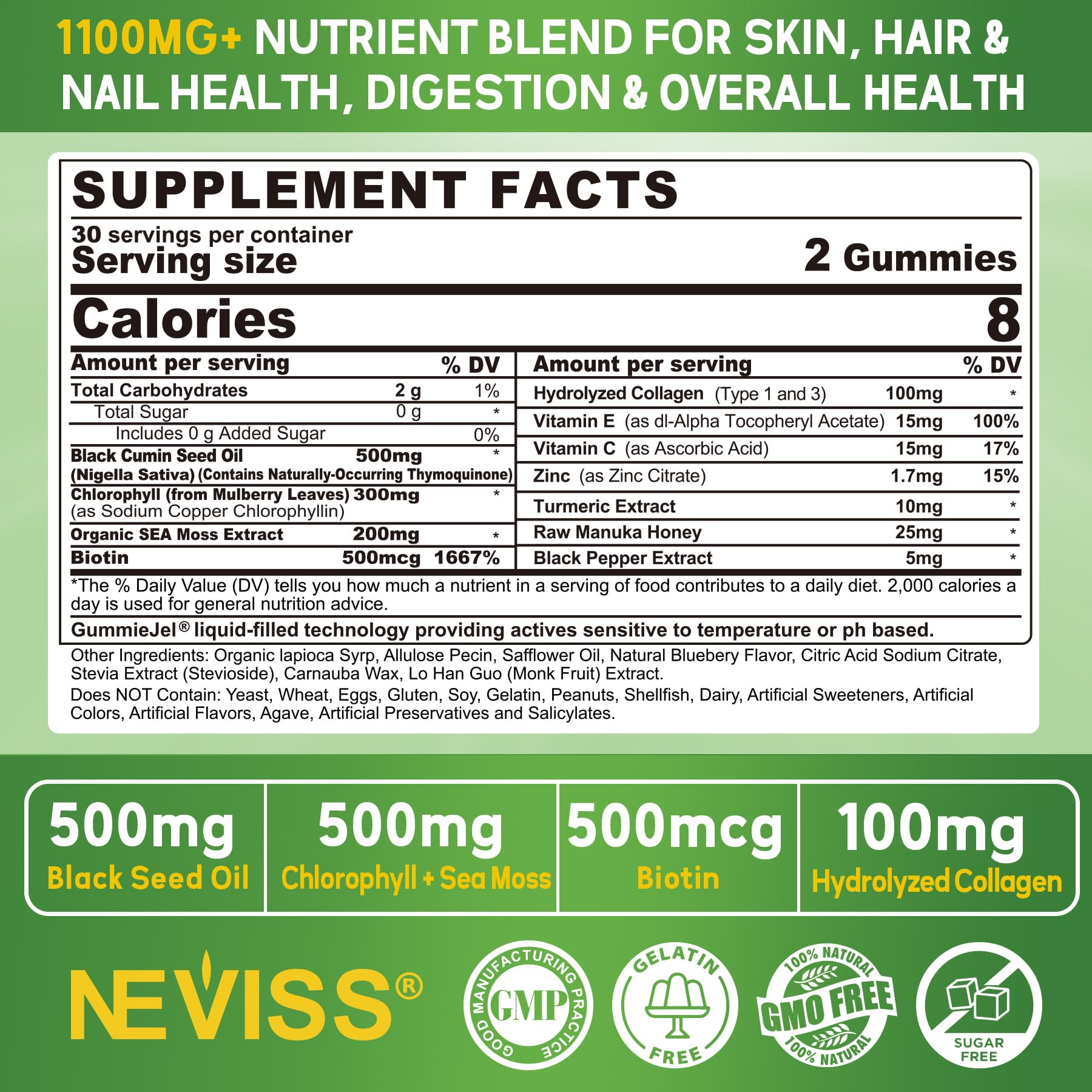 NEVISS chlorophyll and sea moss closeup highlighting antioxidant-rich formula