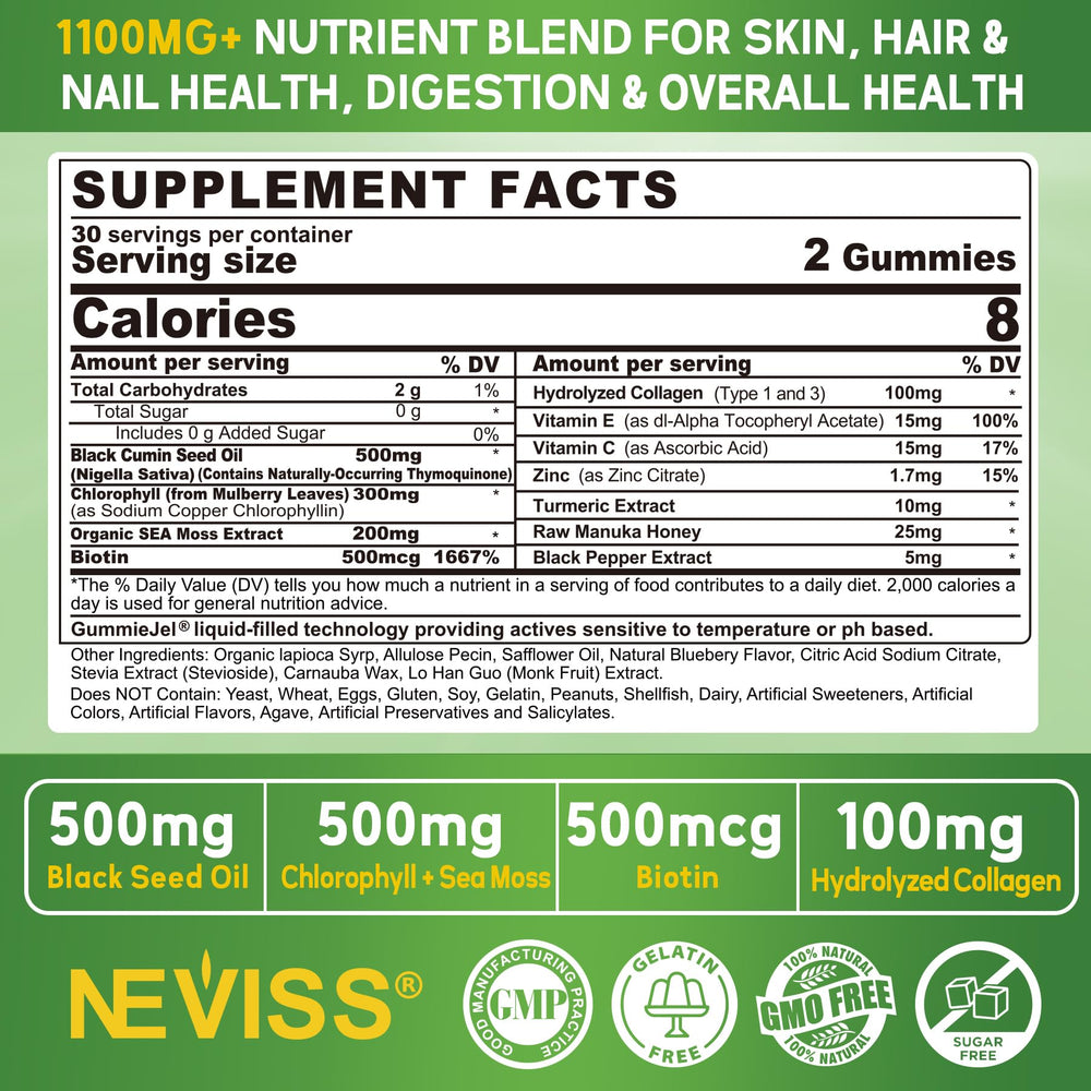 NEVISS chlorophyll and sea moss closeup highlighting antioxidant-rich formula