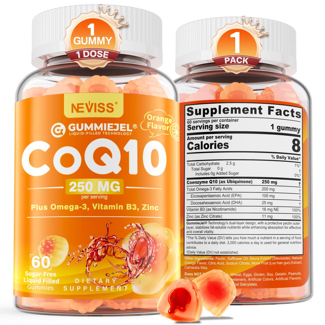 NEVISS CoQ10 Gummies with orange burst bottle for convenient daily energy support.
