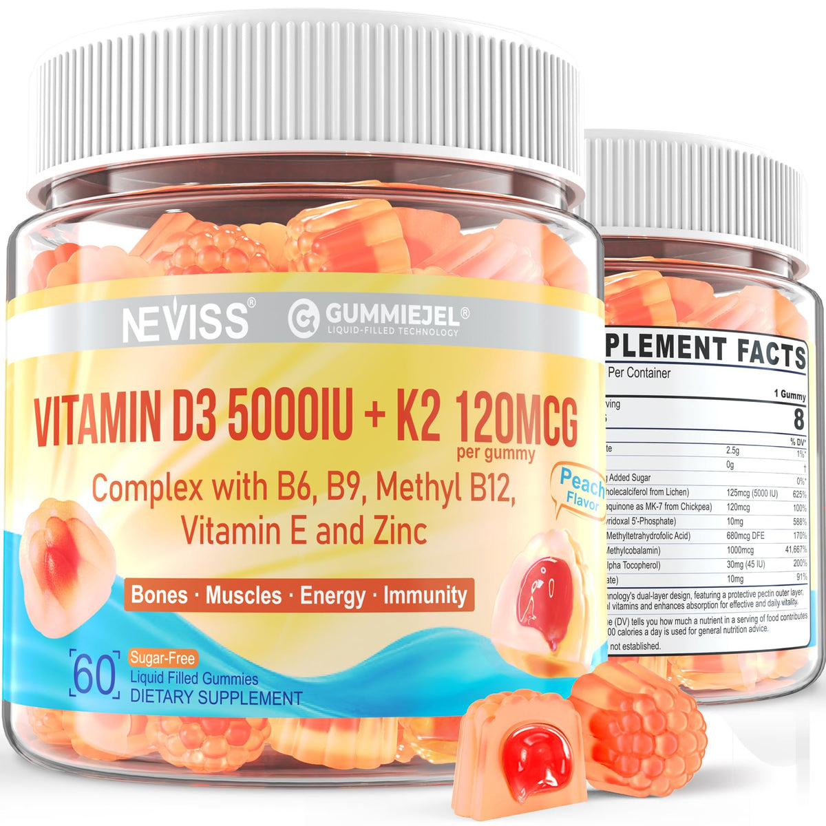 NEVISS D3+K2 filled gummies bottle promoting bone support and daily wellness.
