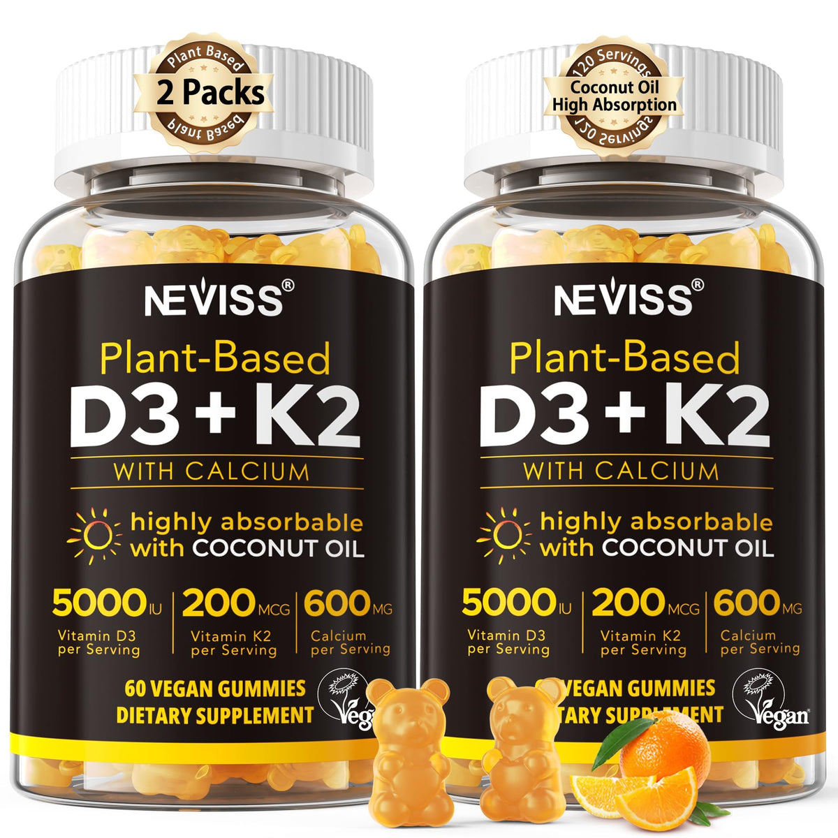 NEVISS D3K2 gummies orange bottle for daily bone and immune support.