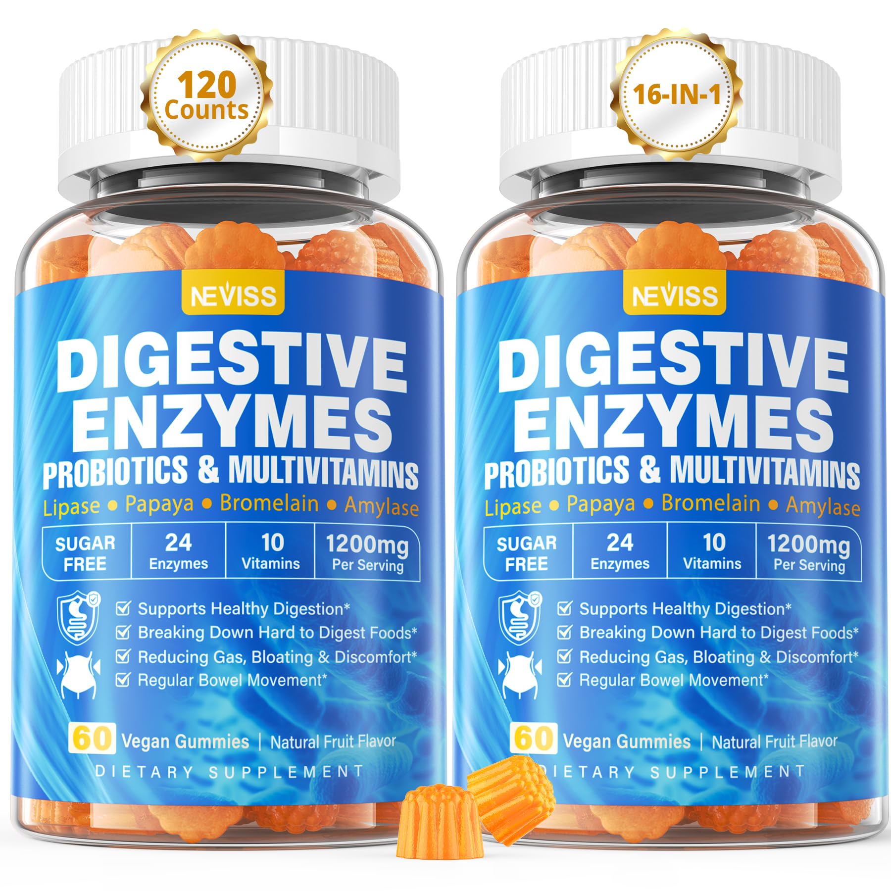 NEVISS Digestive Enzymes Gummies bottle with probiotic blend supports everyday digestion.