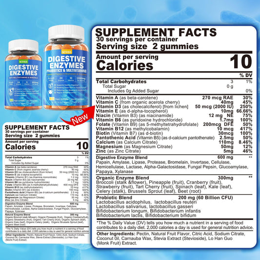 NEVISS Digestive Enzymes Gummies label close-up highlights ingredients and benefits.