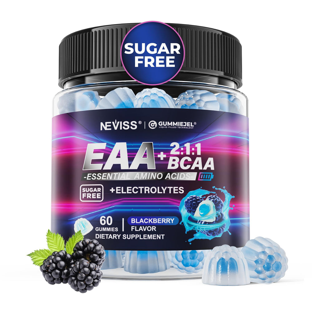 NEVISS EAA Gummies raspberry bottle for convenient post-workout amino support