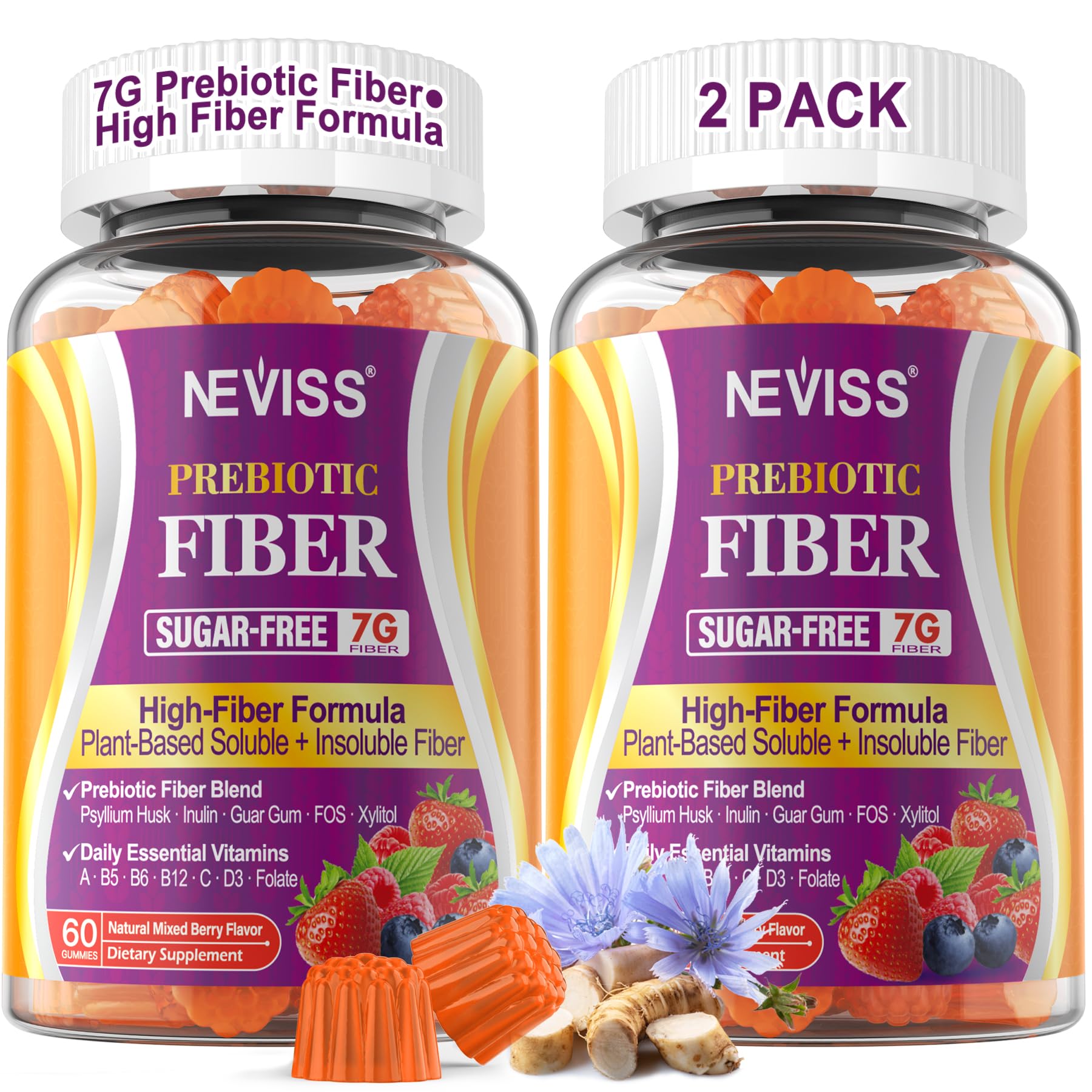 NEVISS Fiber Gummies bottle showcasing daily prebiotic fiber for gut health.