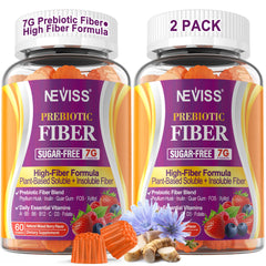 NEVISS Fiber Gummies bottle showcasing daily prebiotic fiber for gut health.