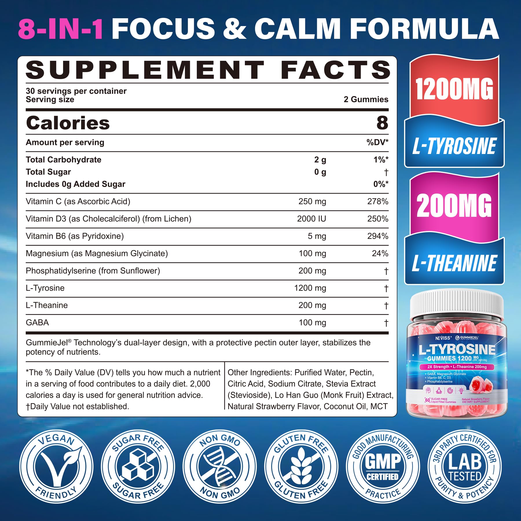NEVISS GABA L-Theanine Gummies bottle for calm, jitter-free focus