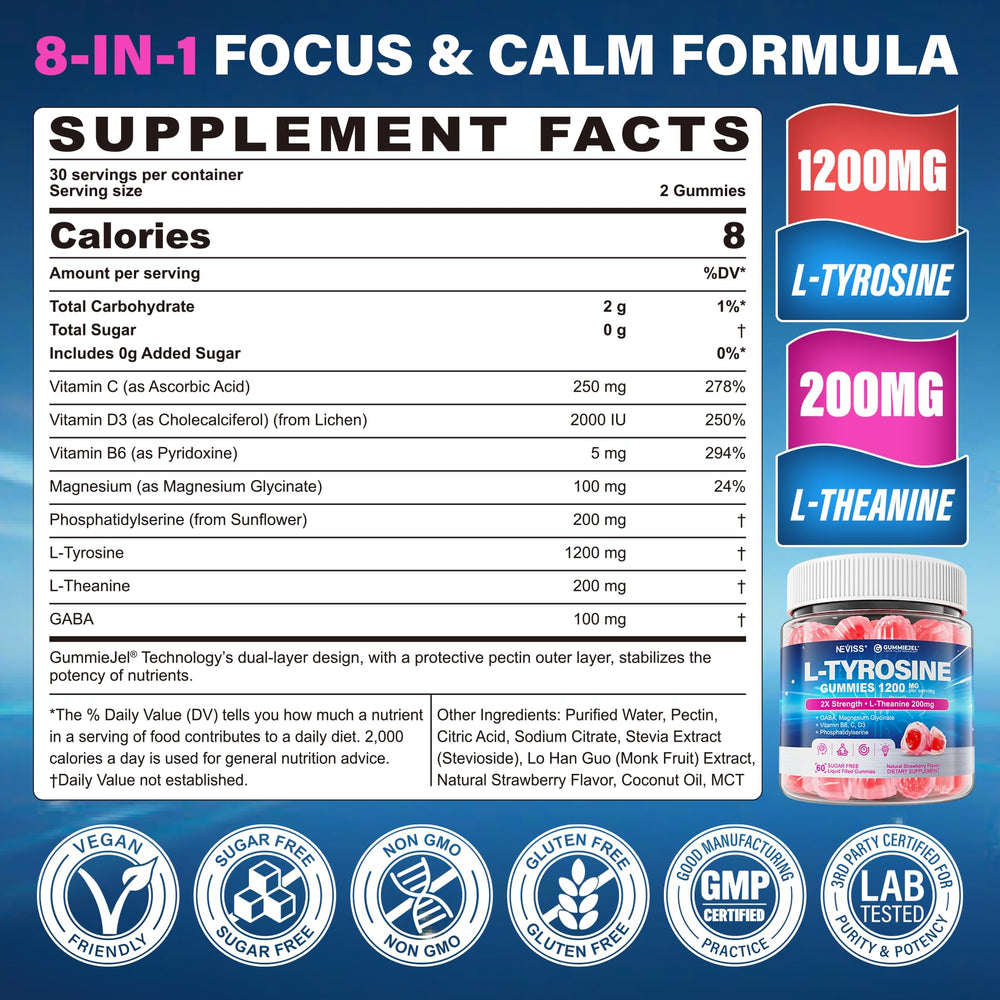 NEVISS GABA L-Theanine Gummies bottle for calm, jitter-free focus