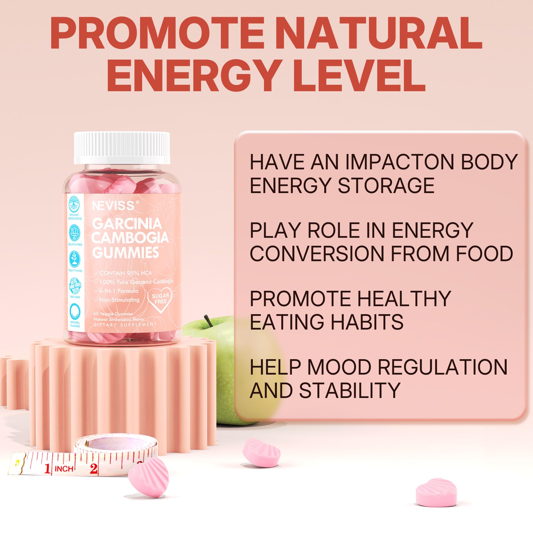 NEVISS Garcinia Cambogia label highlights ninety-five percent HCA potency.