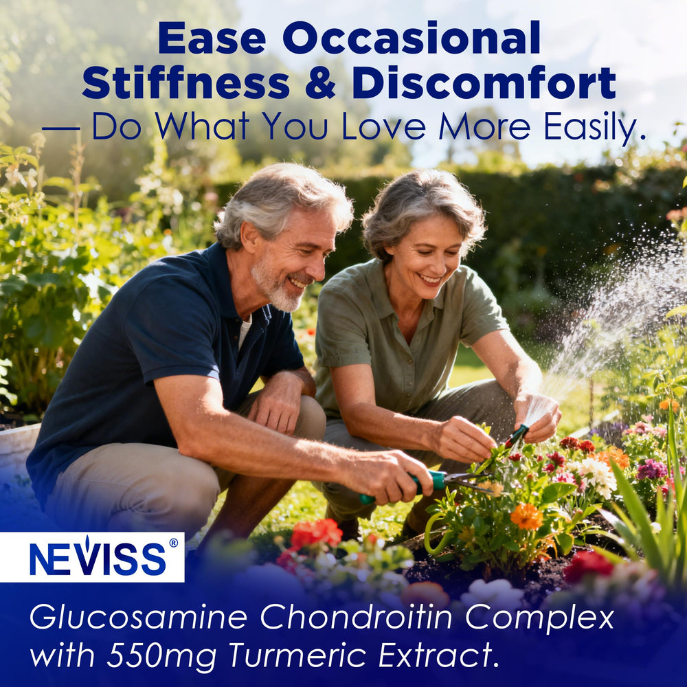 NEVISS ingredients list highlights glucosamine, chondroitin, and turmeric blend