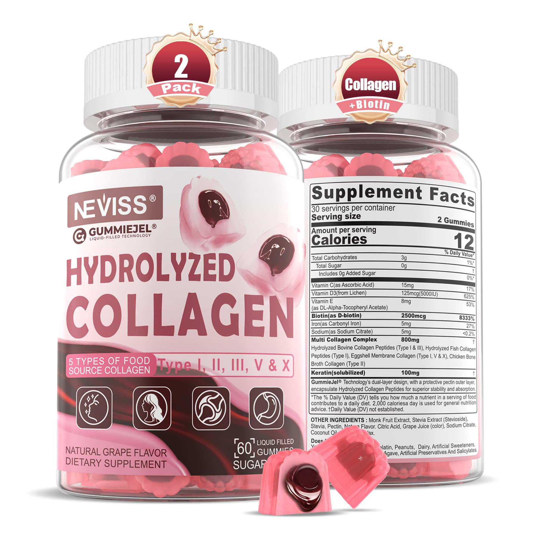 NEVISS hydrolyzed collagen gummies bottle visual, convenient daily beauty supplement