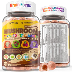 Neviss Kids 10+ Focus Gummies bottle closeup shows sugar-free formulation for focus support