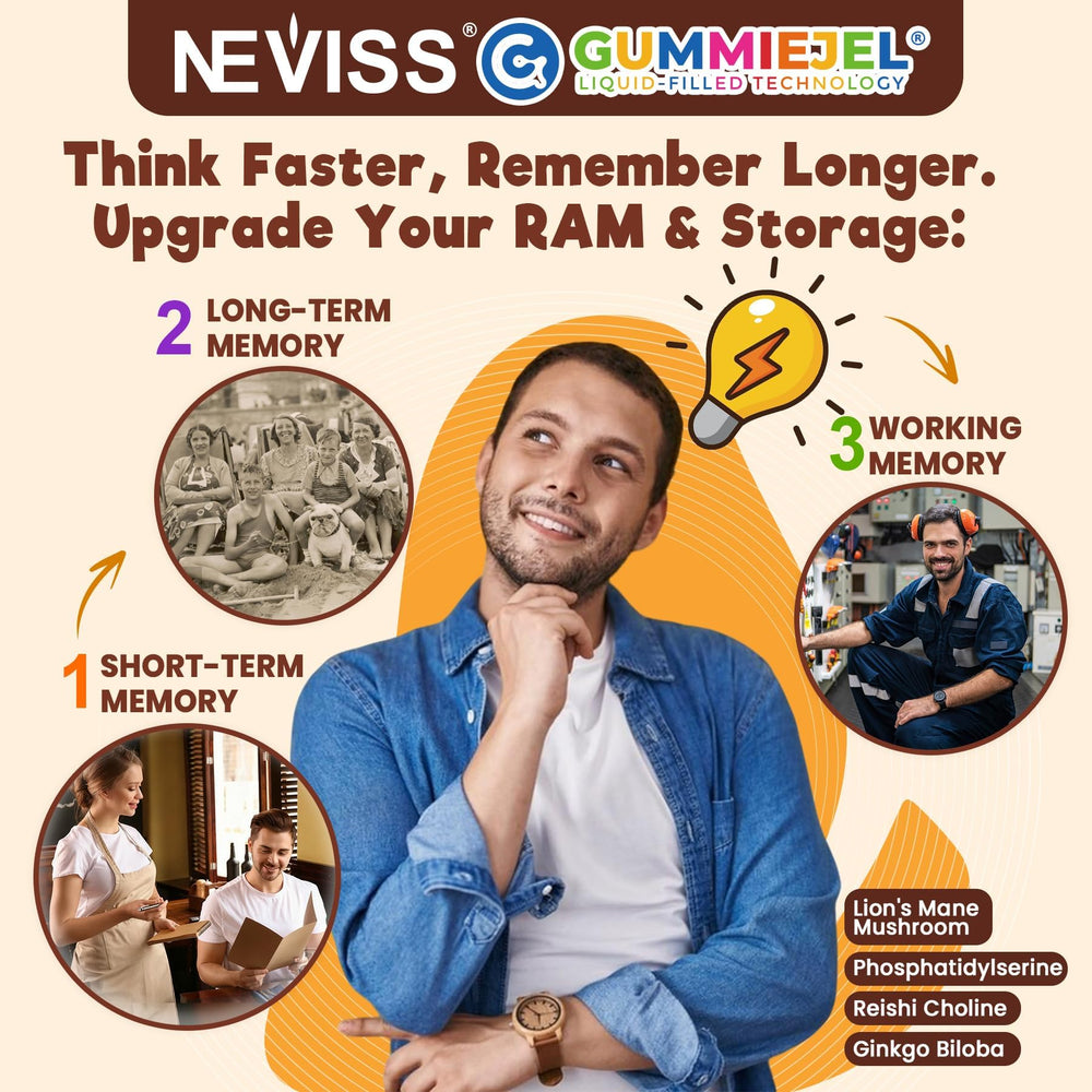 Packaging front view of Neviss Kids 10+ Focus Gummies for on-the-go use