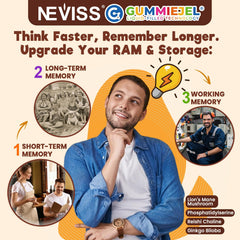 Packaging front view of Neviss Kids 10+ Focus Gummies for on-the-go use