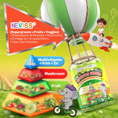 NEVISS gummies highlight 12 super fruits for natural antioxidants.