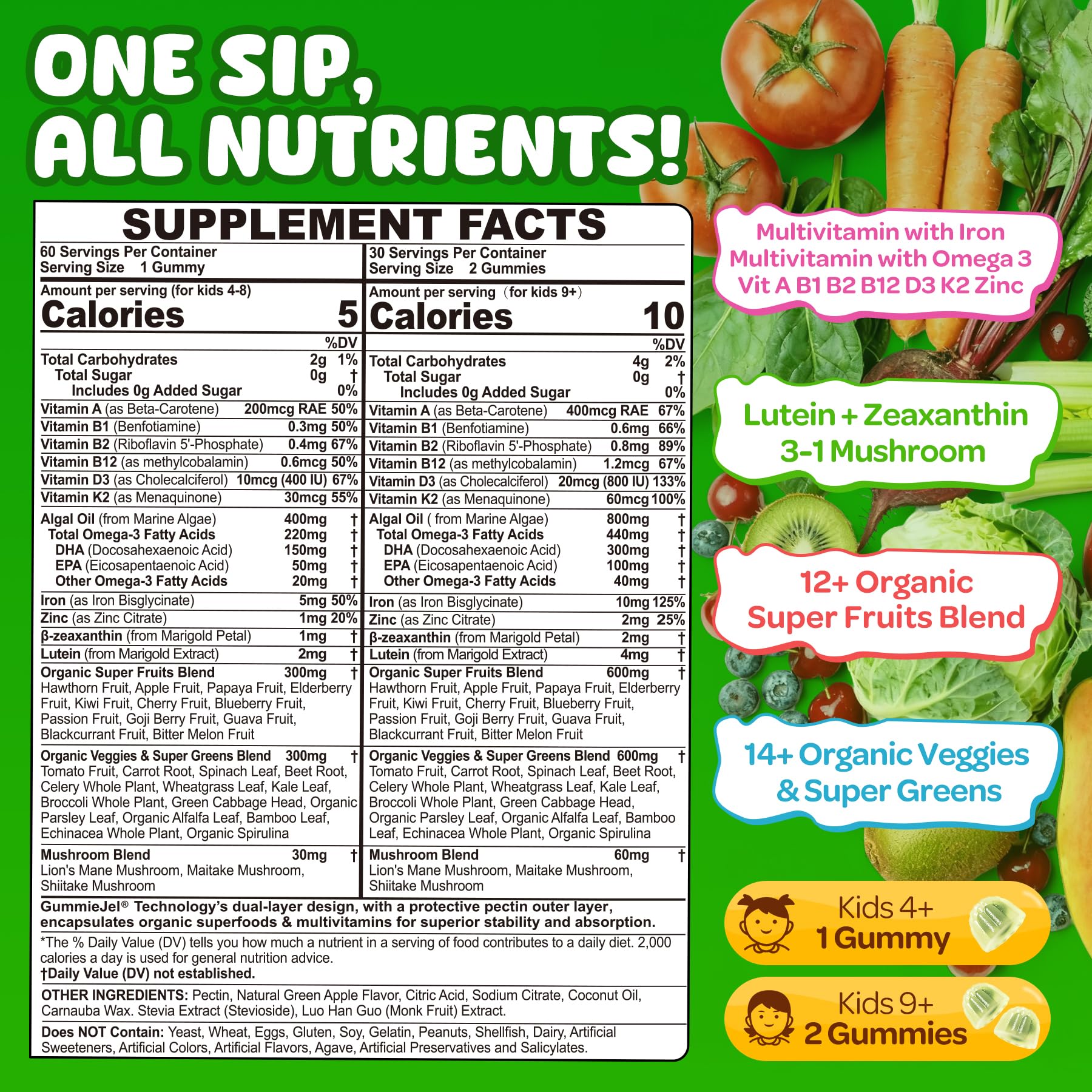 NEVISS Kids gummies close-up reveals green apple filling and gelatin-free outer layer.