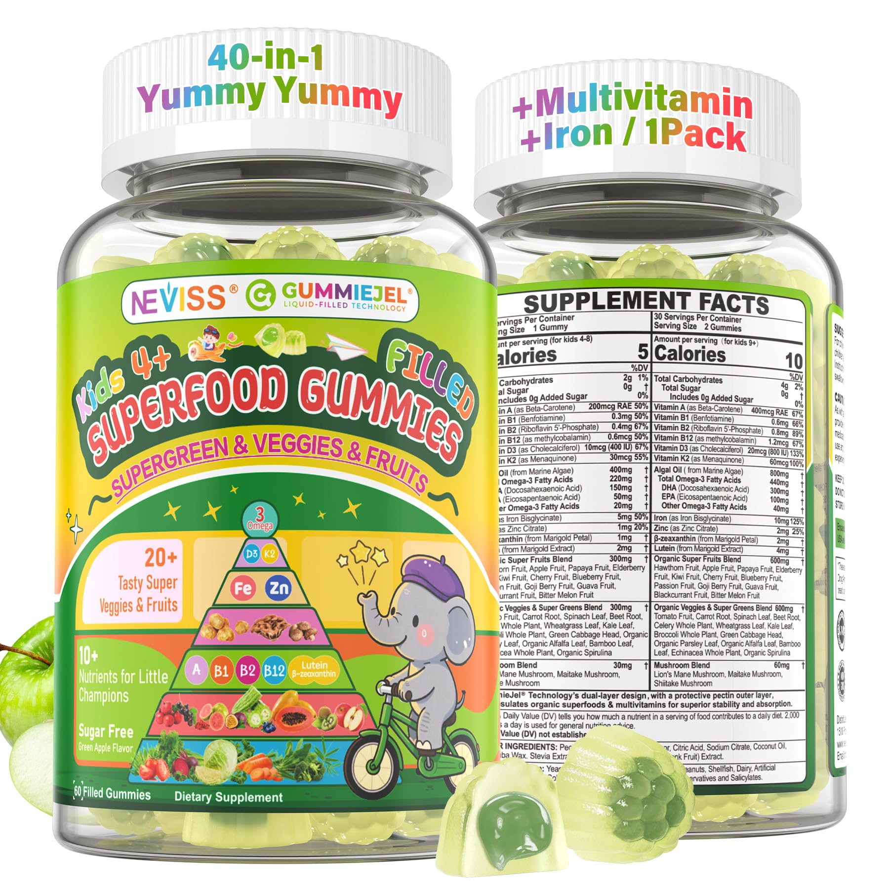 NEVISS Kids bottle shows sugar-free gummies for growing minds.