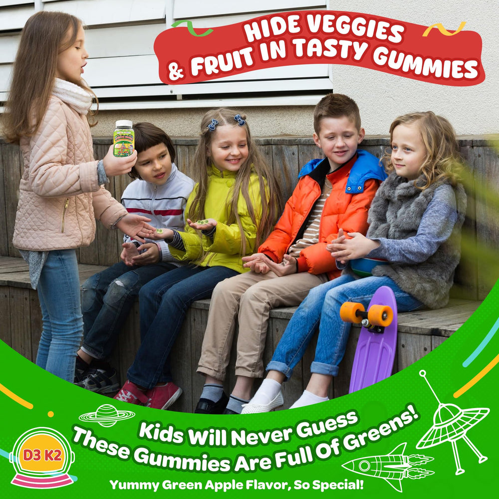NEVISS gummies image features kale and spinach for veggie goodness.
