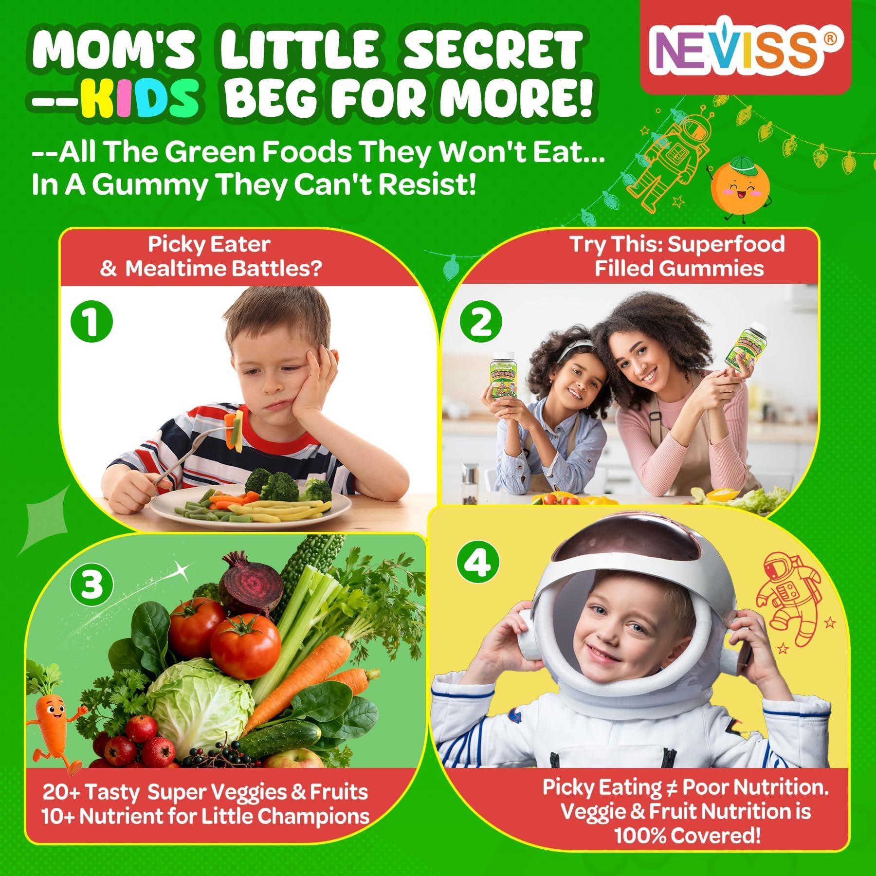 NEVISS ingredients show organic fruits and greens in every bite.