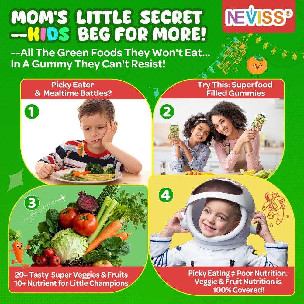 NEVISS ingredients show organic fruits and greens in every bite.