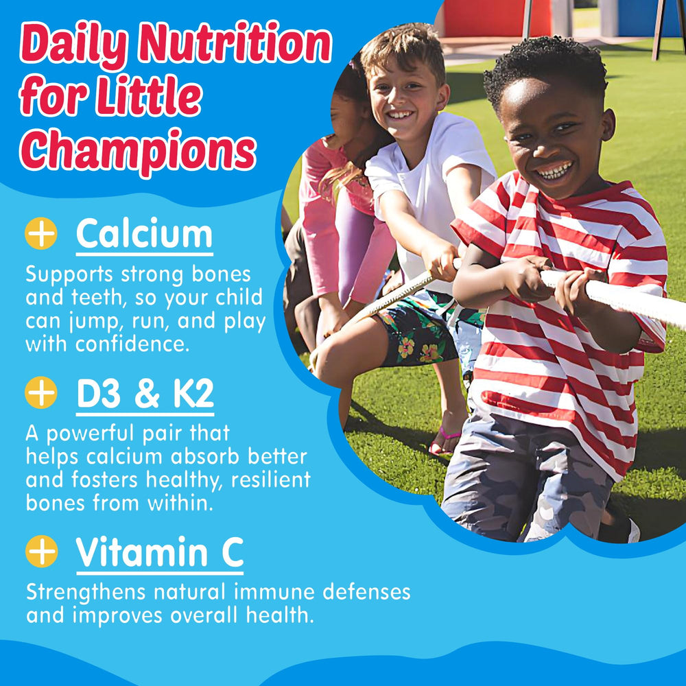 NEVISS Calcium D3 K2 kids supplement emphasizing bone support