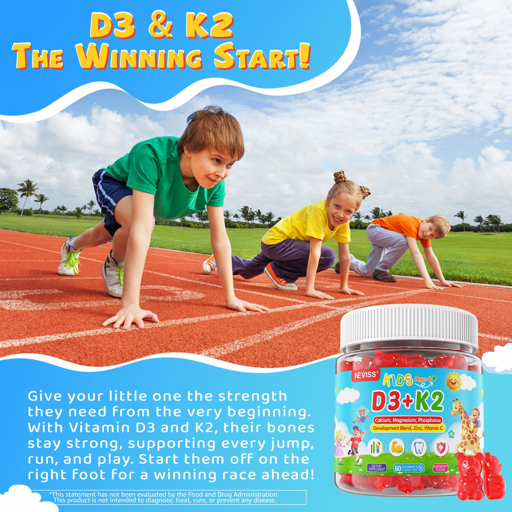 NEVISS Kids D3 K2 Gummies daily dose supports focus and active play.