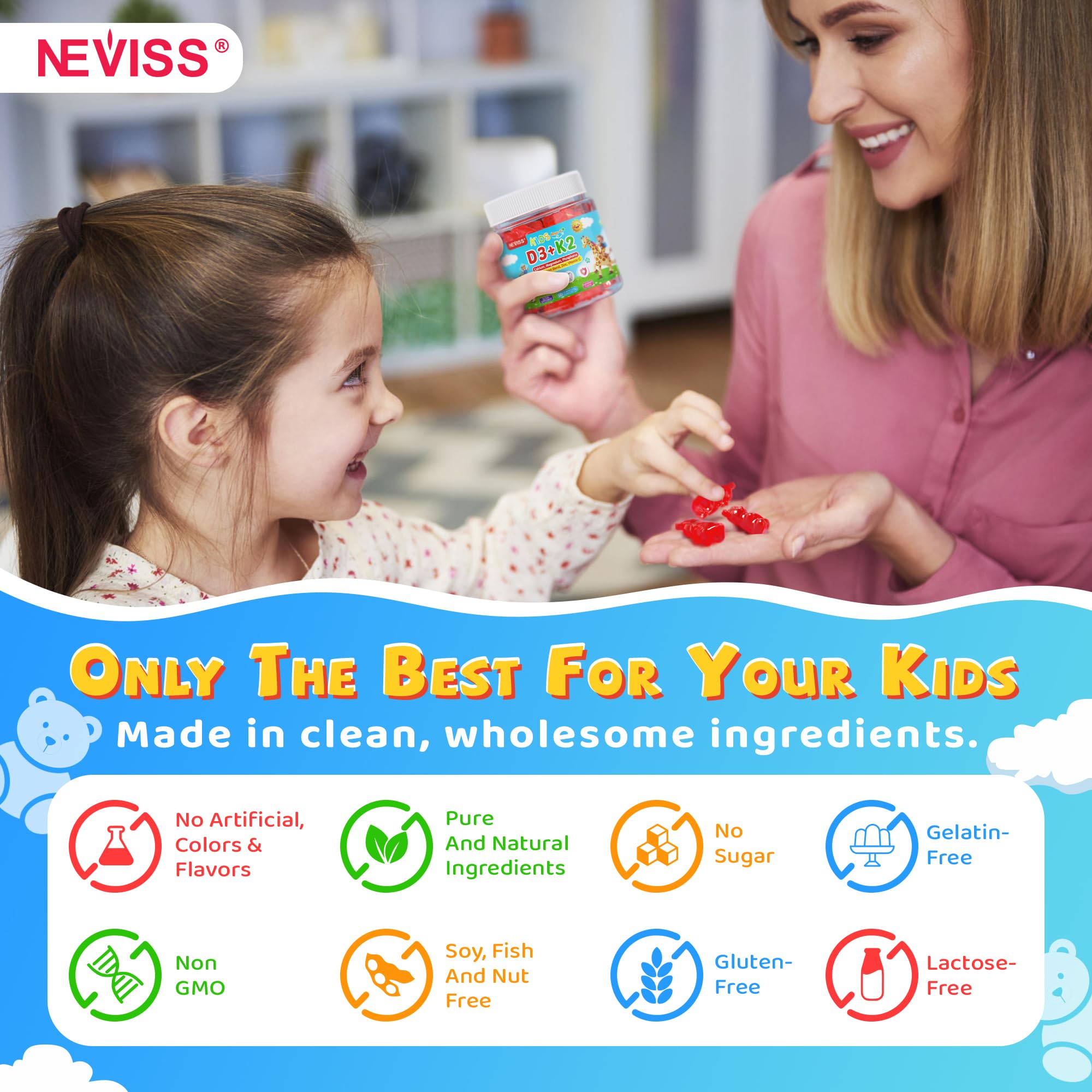 NEVISS Kids D3 K2 Gummies gelatin-free design for parents seeking allergen-aware options.