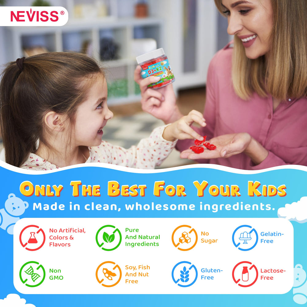 NEVISS Kids D3 K2 Gummies gelatin-free design for parents seeking allergen-aware options.