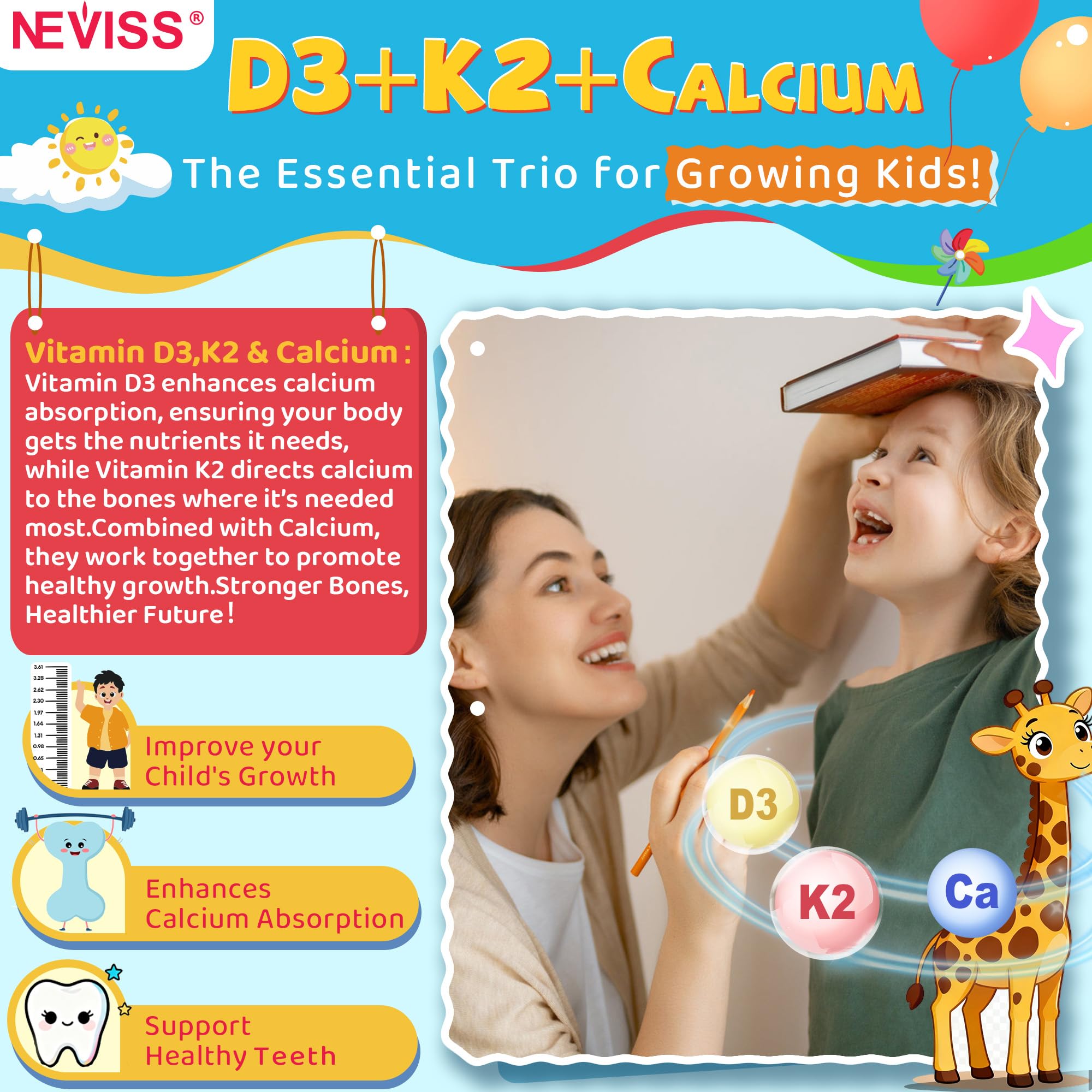 NEVISS Kids D3 K2 Gummies raspberry flavor appeals to kids during nutrition time.