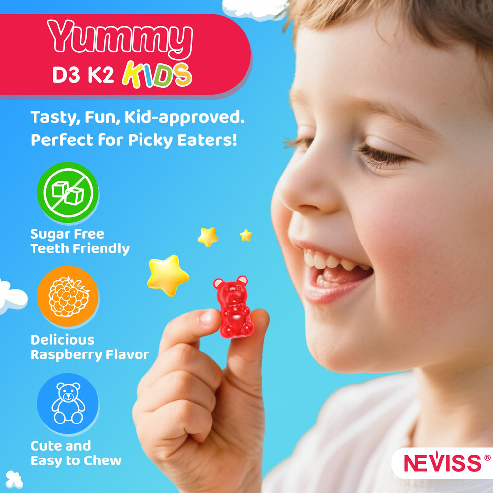 NEVISS Kids D3 K2 Gummies texture closeup shows chewy, kid-friendly consistency.
