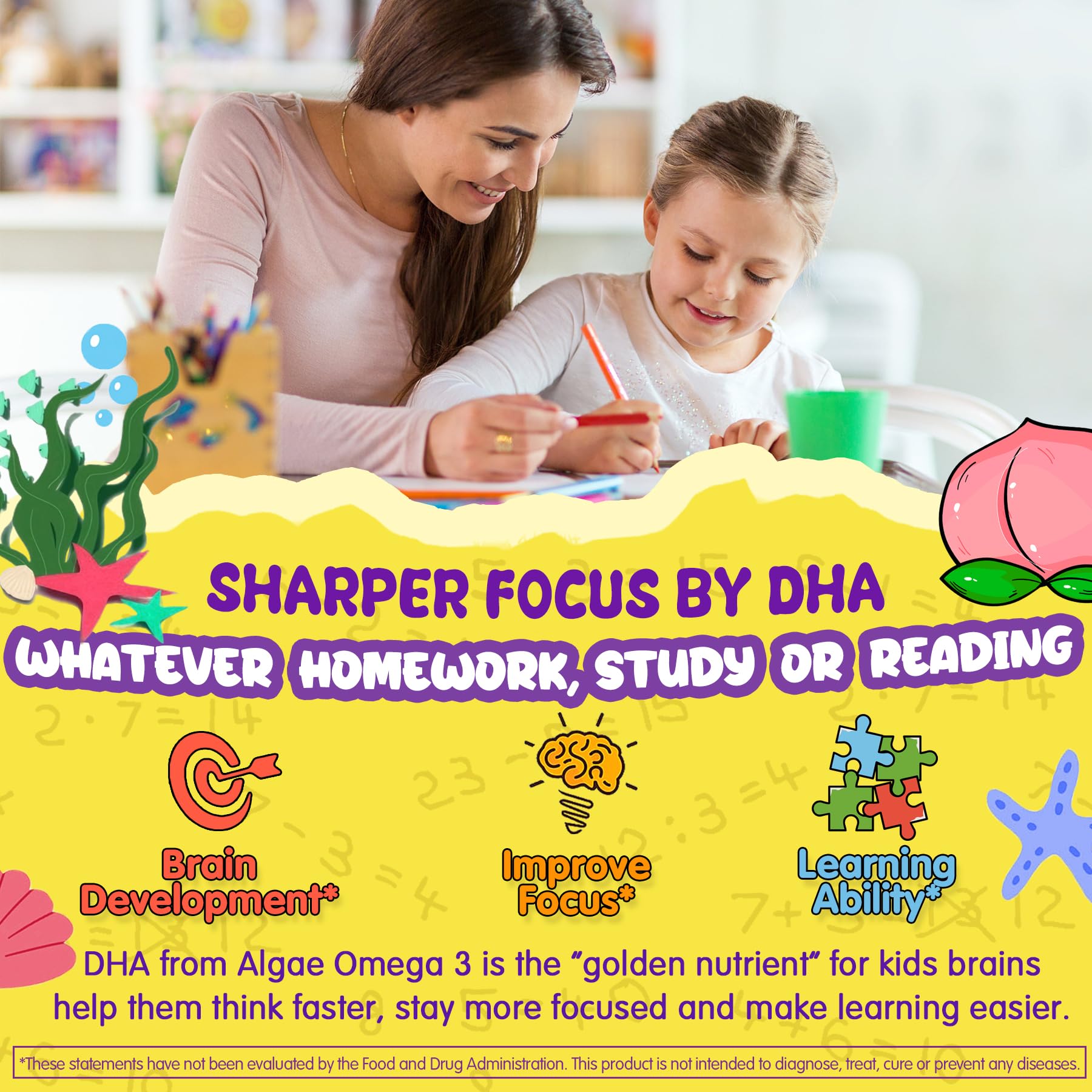 Algae-derived omega-3 DHA illustration highlighting plant-based brain nutrition