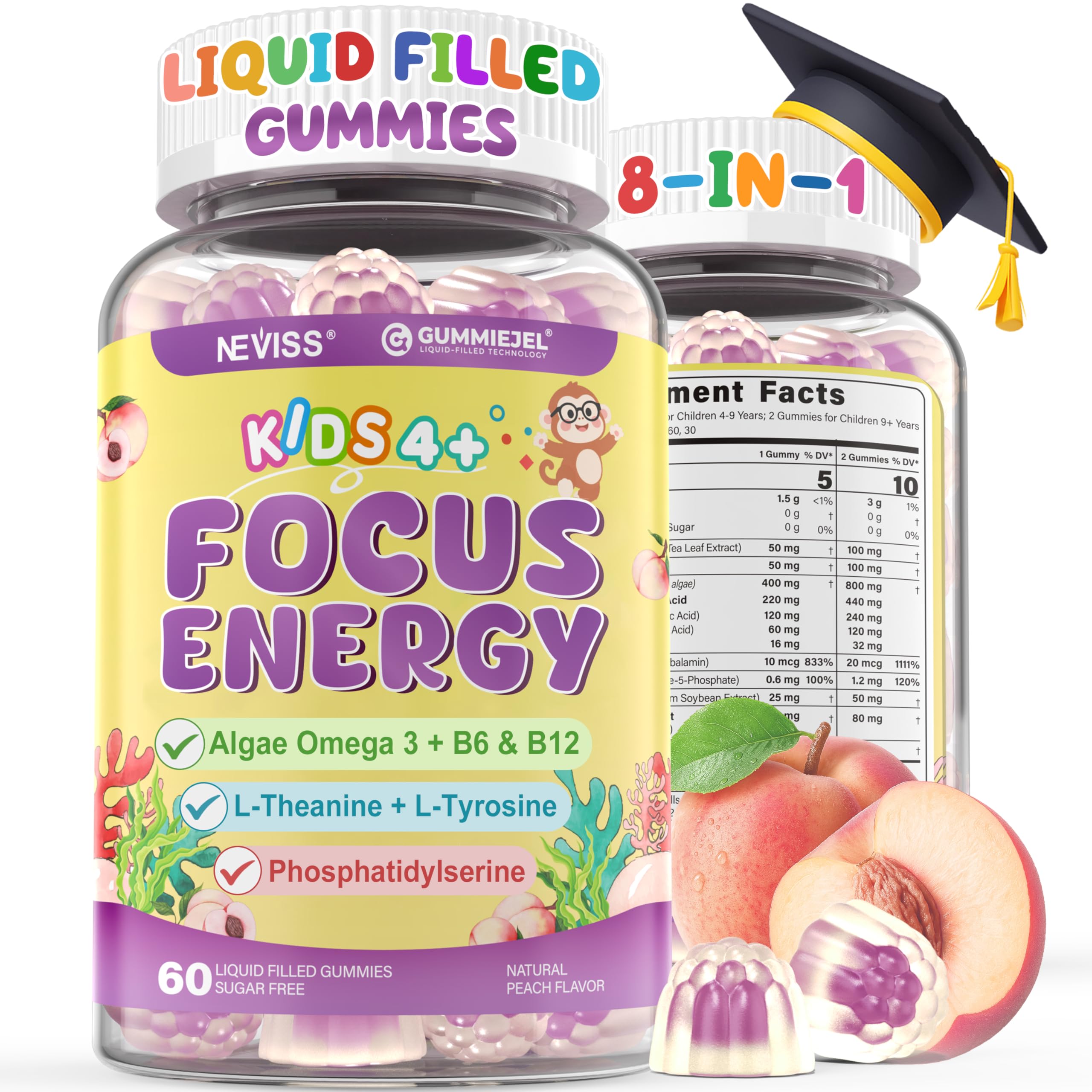 NEVISS Kids Focus Gummies bottle front for daily brain support during school days