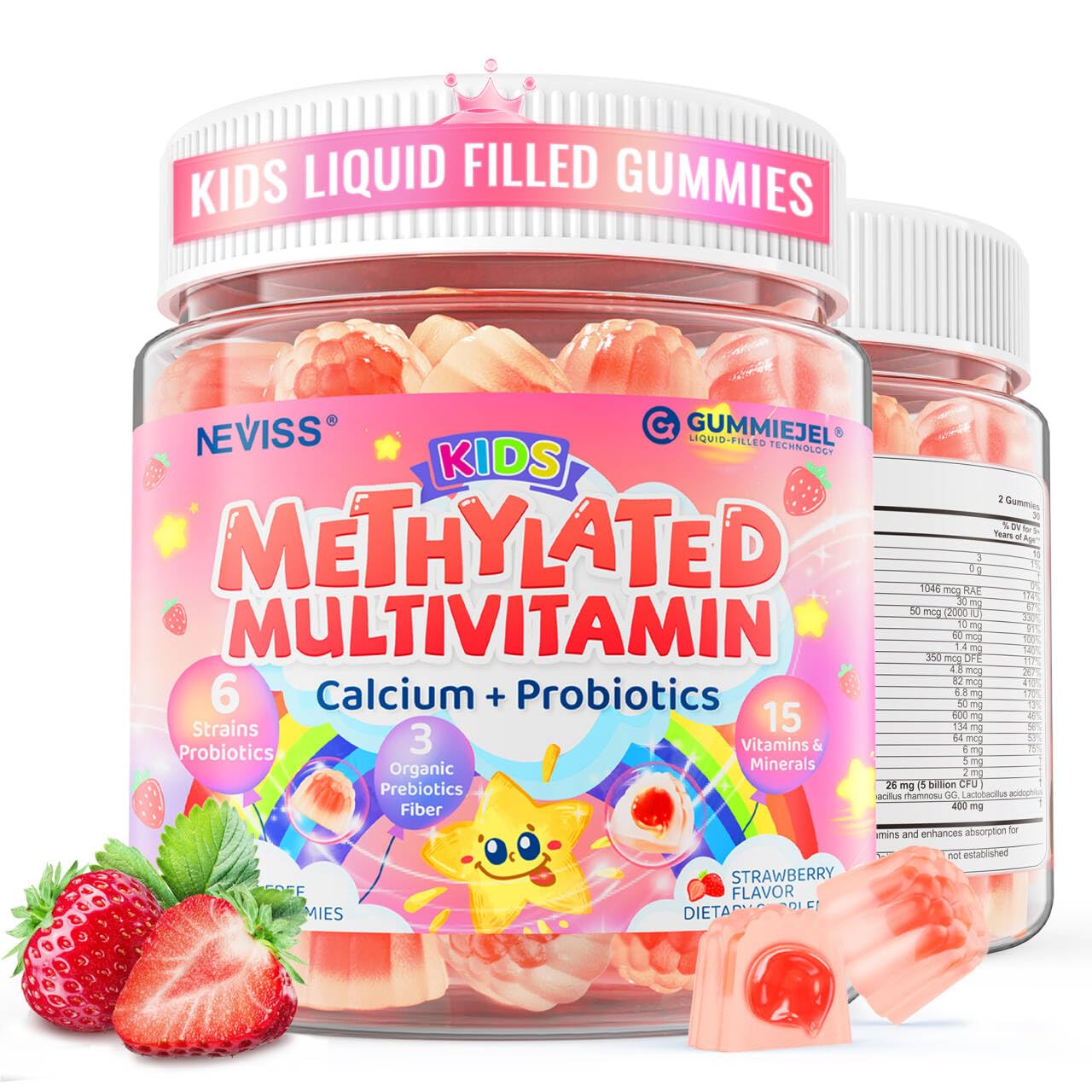 NEVISS kids gummies bottle label showing 20-in-1 nutrients for bone support