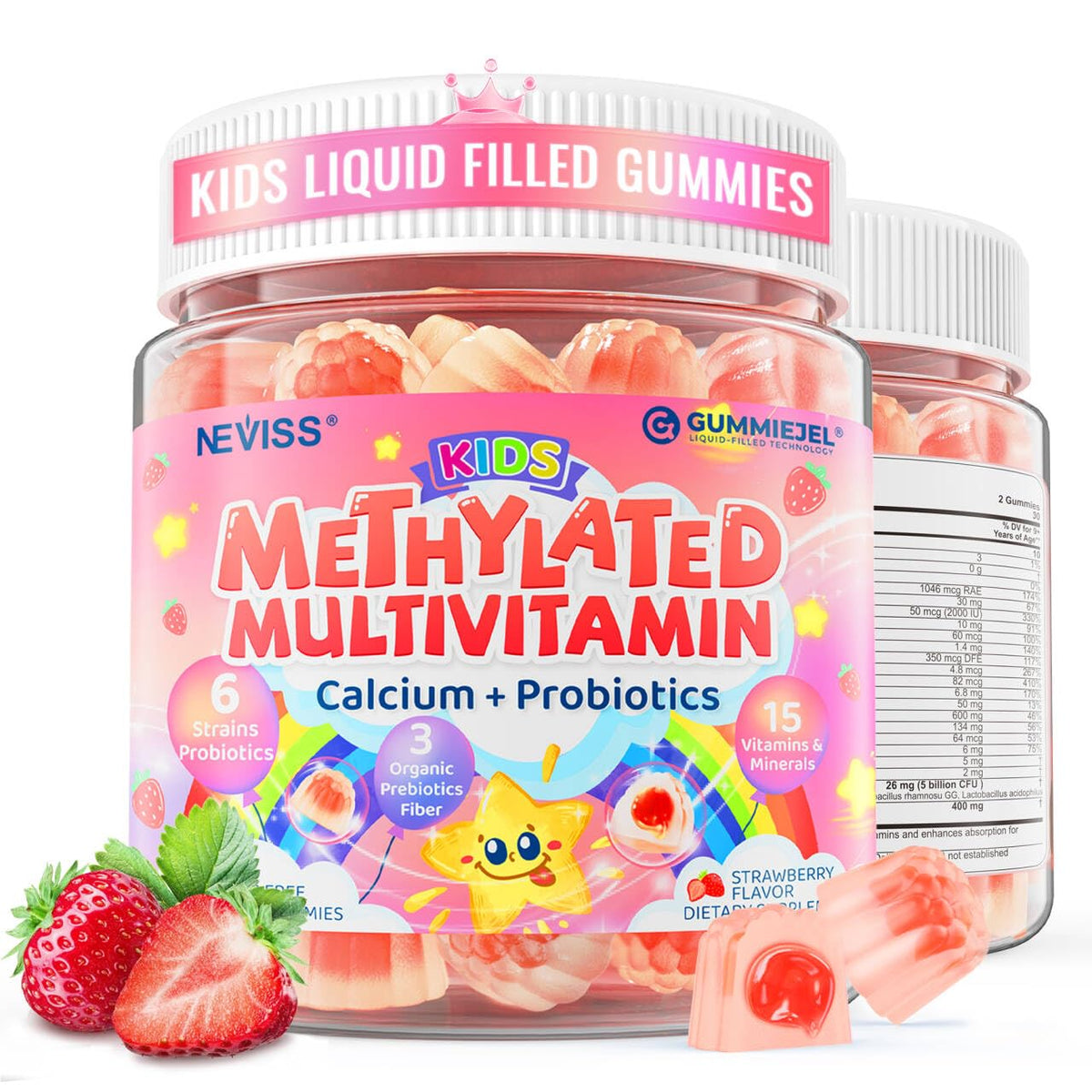 NEVISS kids gummies bottle label showing 20-in-1 nutrients for bone support