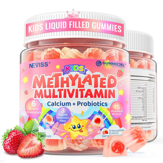 NEVISS kids gummies bottle label showing 20-in-1 nutrients for bone support