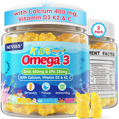 NEVISS Kids Omega-3 Gummies orange-flavored close-up for tasty, sugar-free daily nutrition