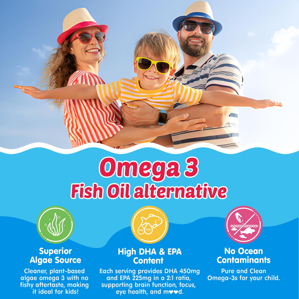 NEVISS Omega-3 serving showing two gummies as daily portion for kids