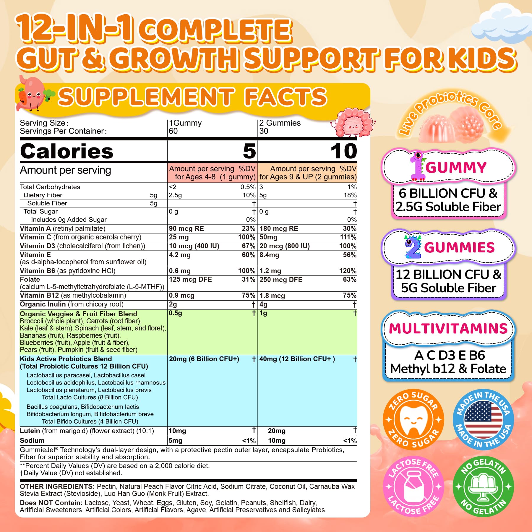 NEVISS Kids Probiotic Gummies back label highlights 12B CFU and 5g fiber