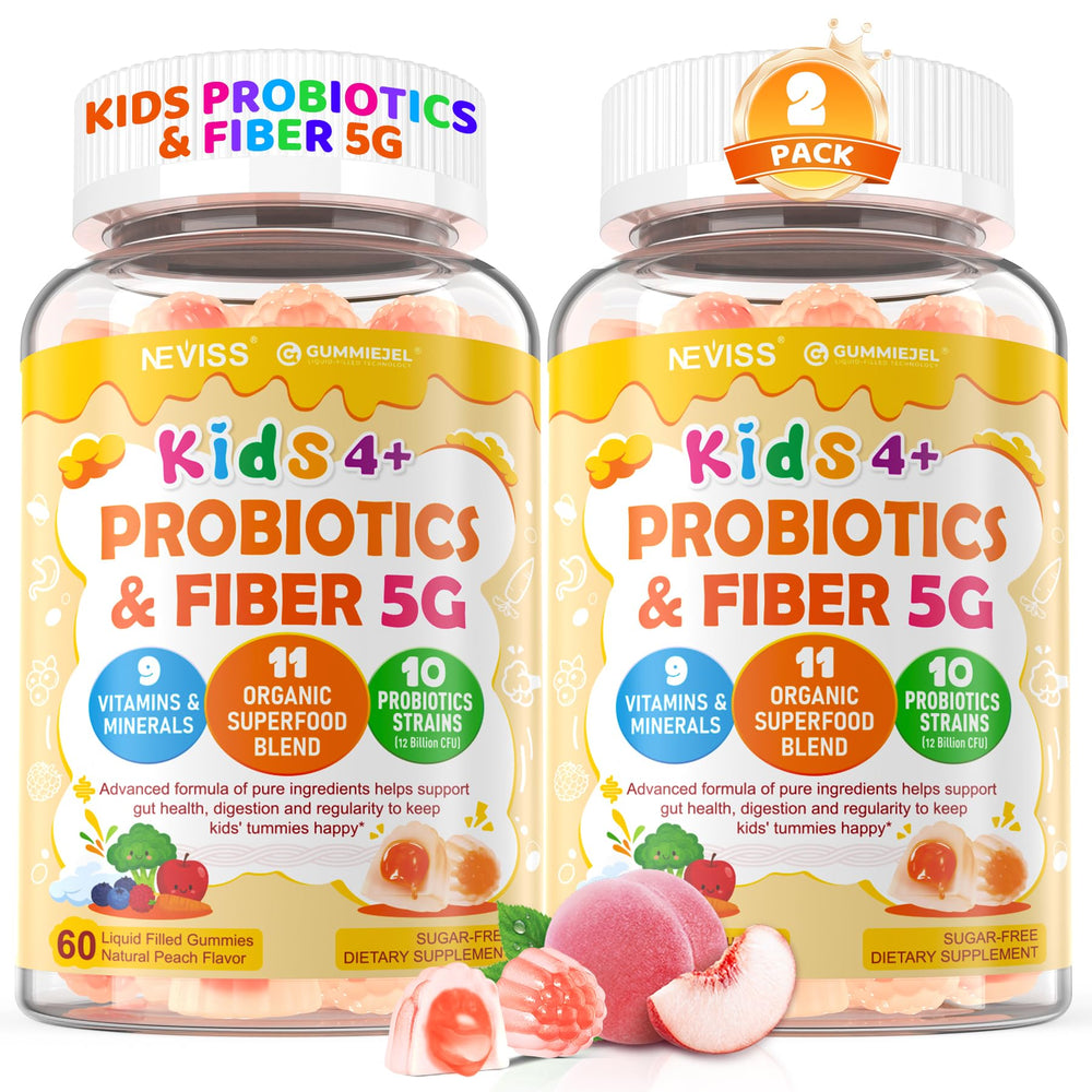 NEVISS Kids Probiotic Gummies bottle front for digestive support and flavor appeal