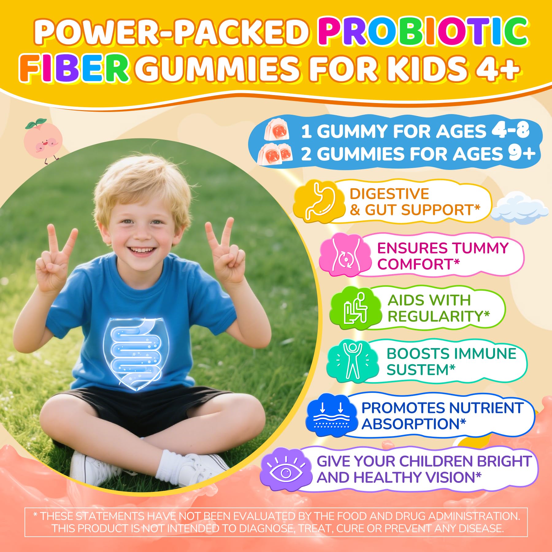 NEVISS Kids Probiotic Gummies closeup shows vibrant colors and chewy texture