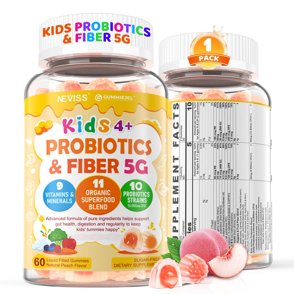 NEVISS bottle-front image for daily digestion support in kids.