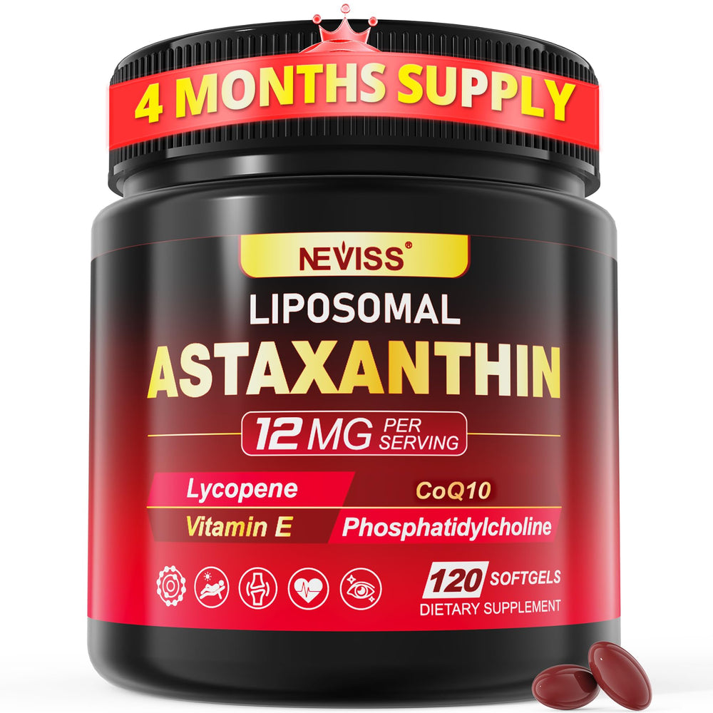 NEVISS liposomal astaxanthin bottle highlighting antioxidant blend for skin and eyes.