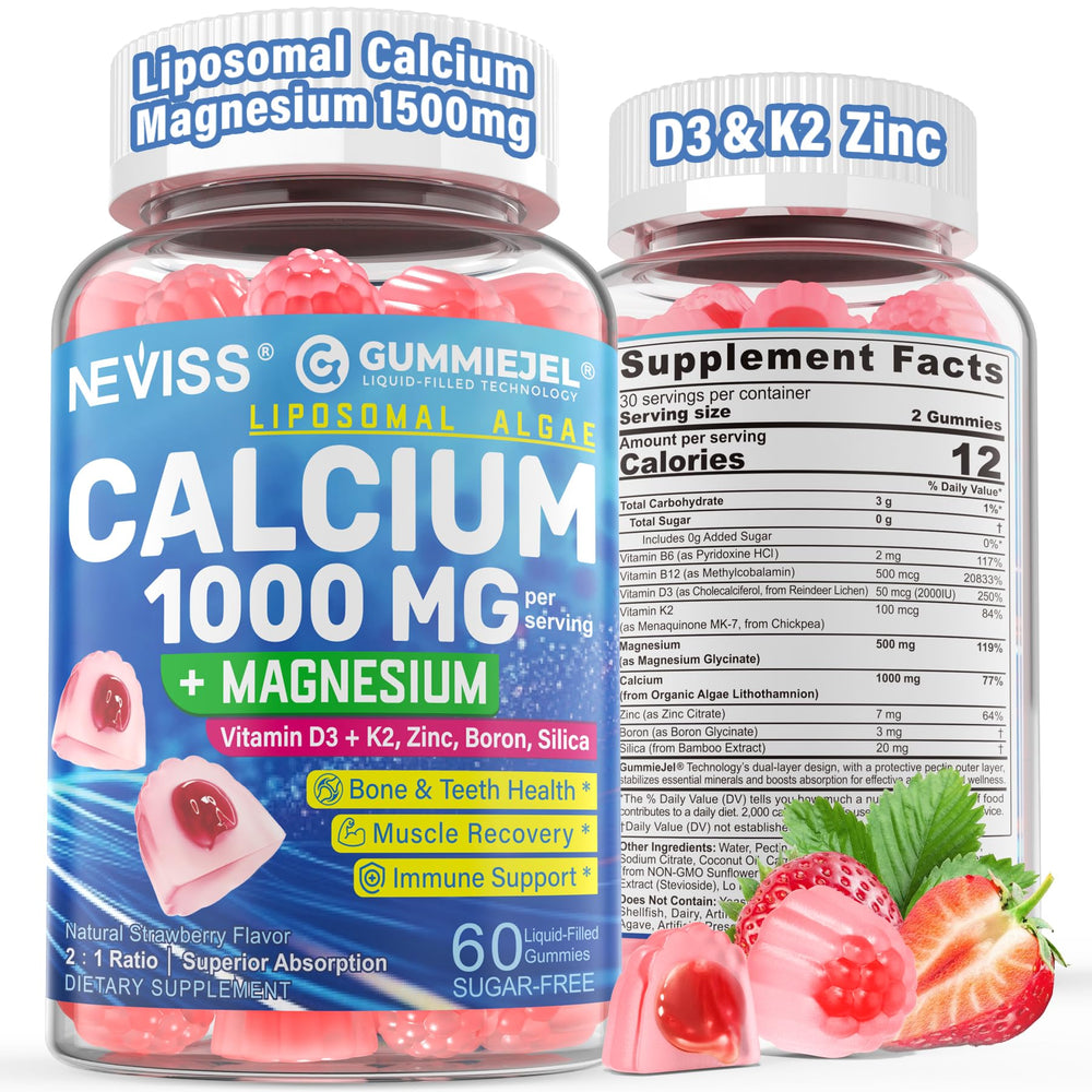 NEVISS liposomal calcium bottle front showing vegan calcium for bone support.