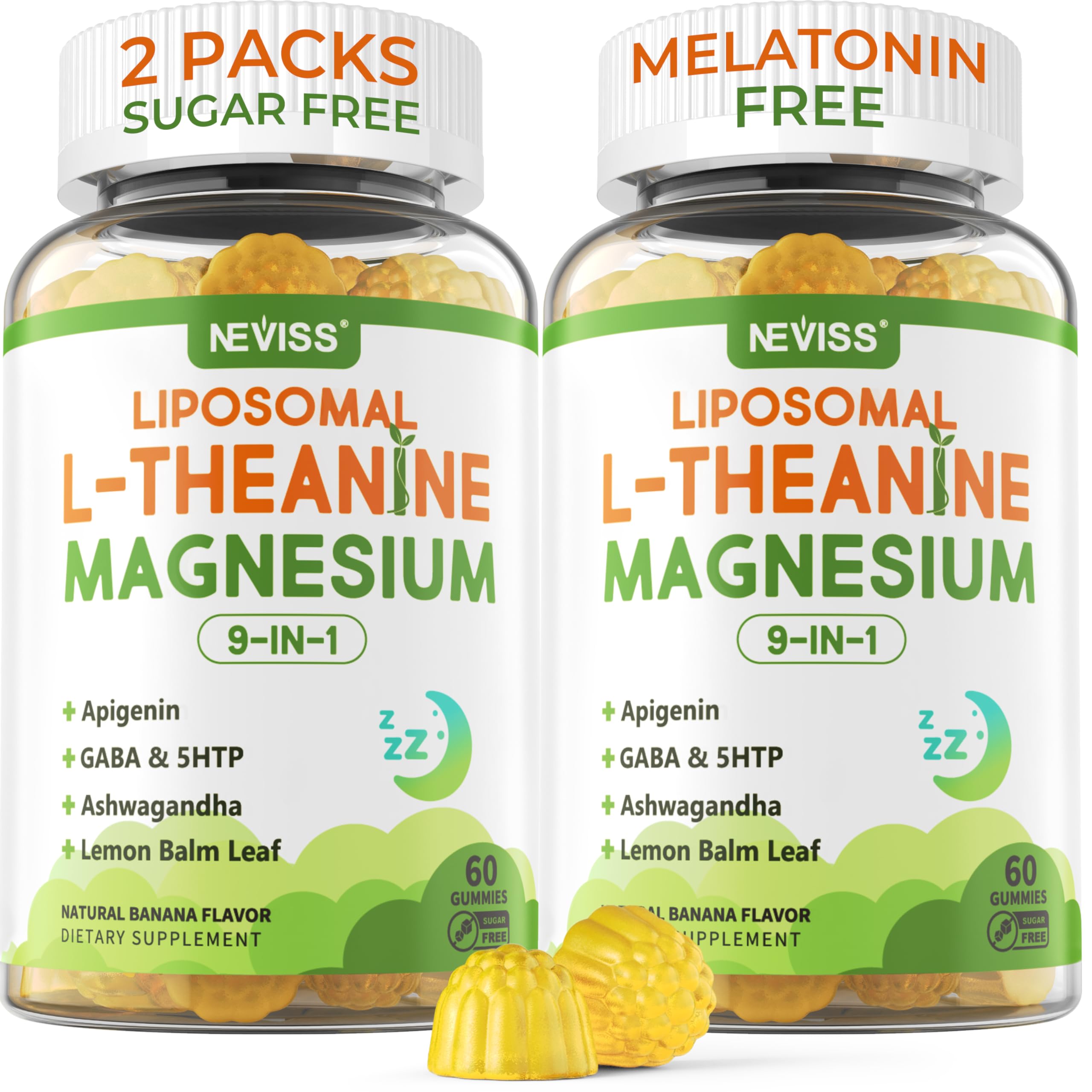 NEVISS liposomal L-Theanine gummies bottle promoting calm evenings
