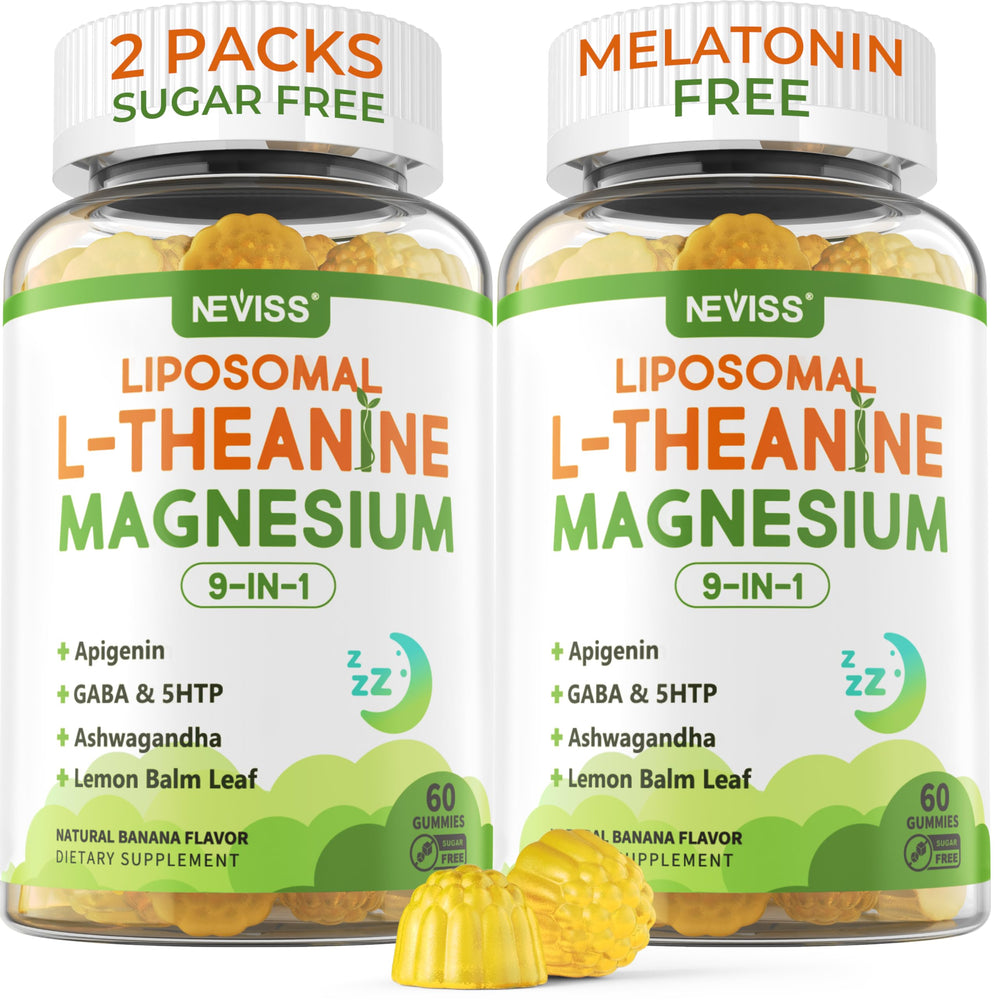 NEVISS liposomal L-Theanine gummies bottle promoting calm evenings