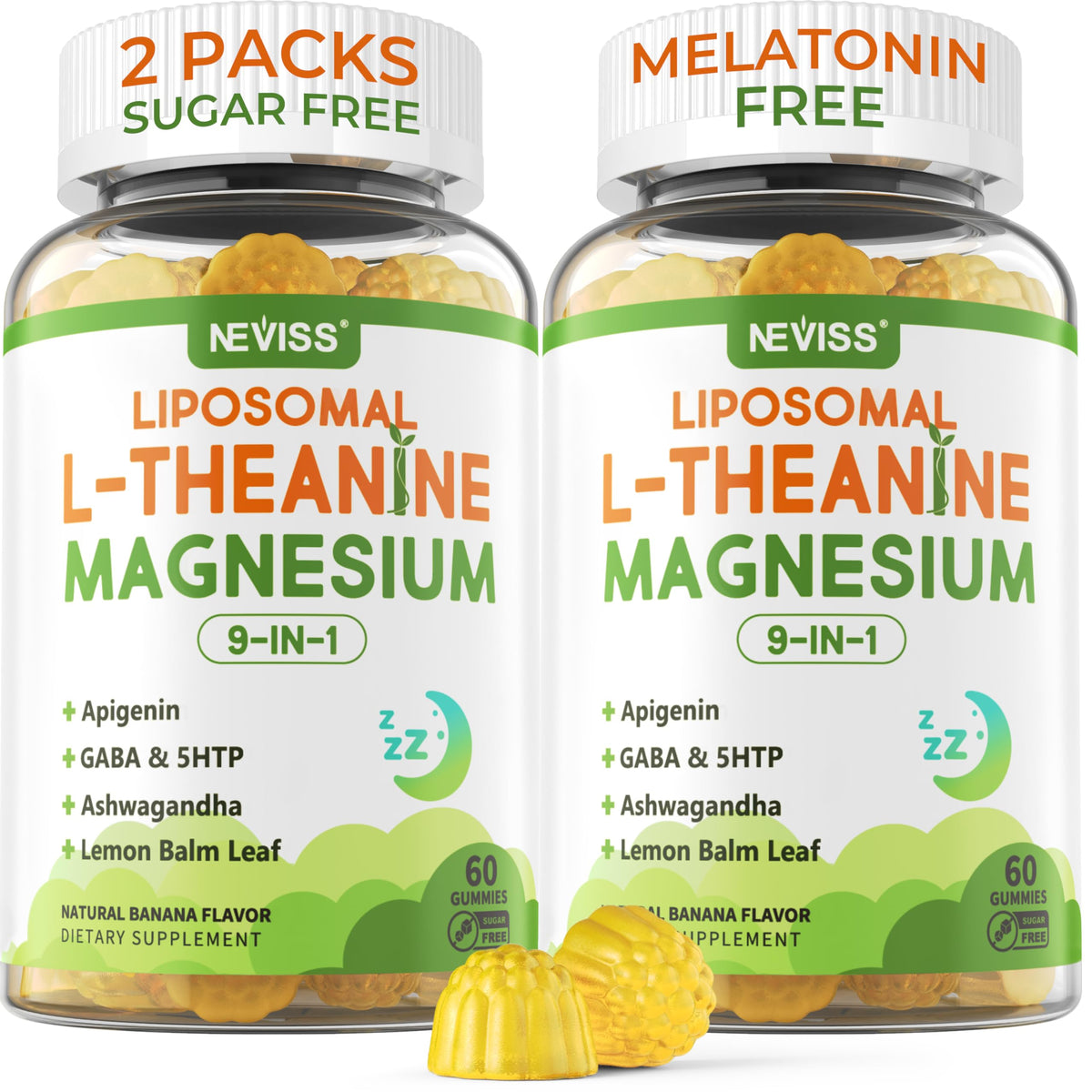 NEVISS liposomal L-Theanine gummies bottle promoting calm evenings